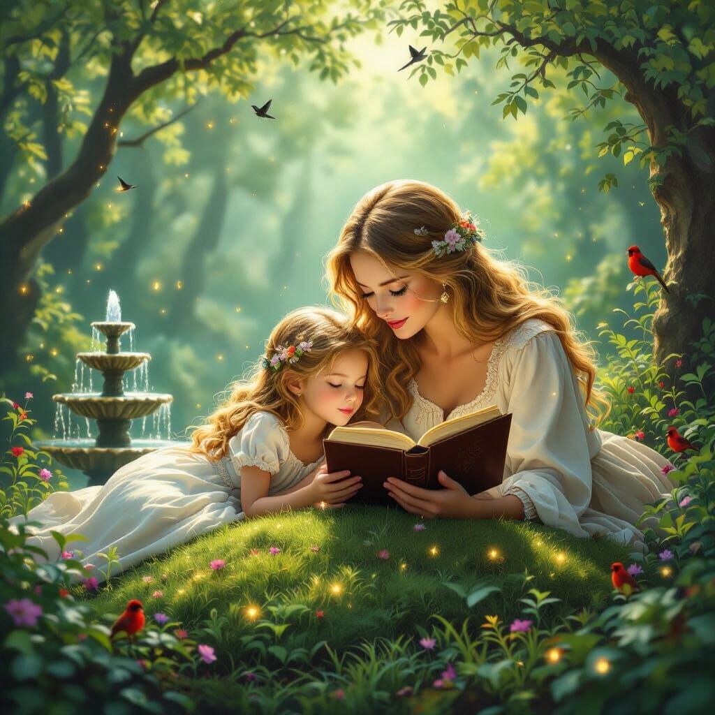 Ethereal Mother and Daughter in Enchanted Forest
