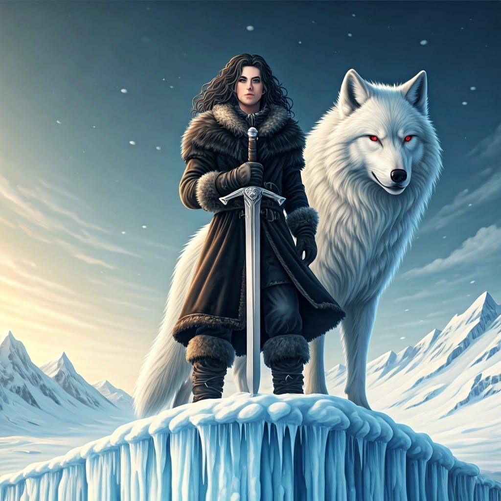 Medieval Teenage Lord on the Ice Wall with Albino Wolf