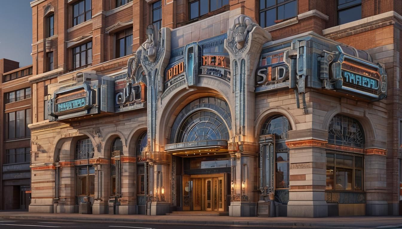 Vibrant Art Deco Movie Palace Unveiled at Sunset