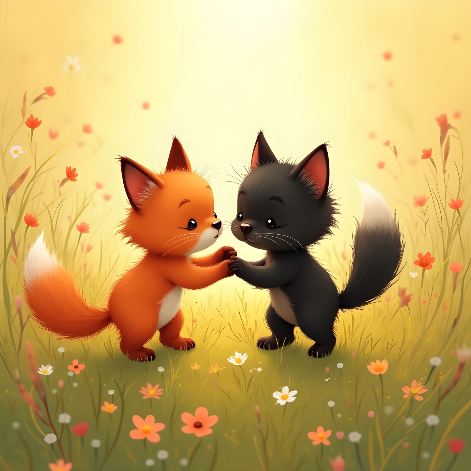 Fuzzy Black Kitten and Red Fox Together