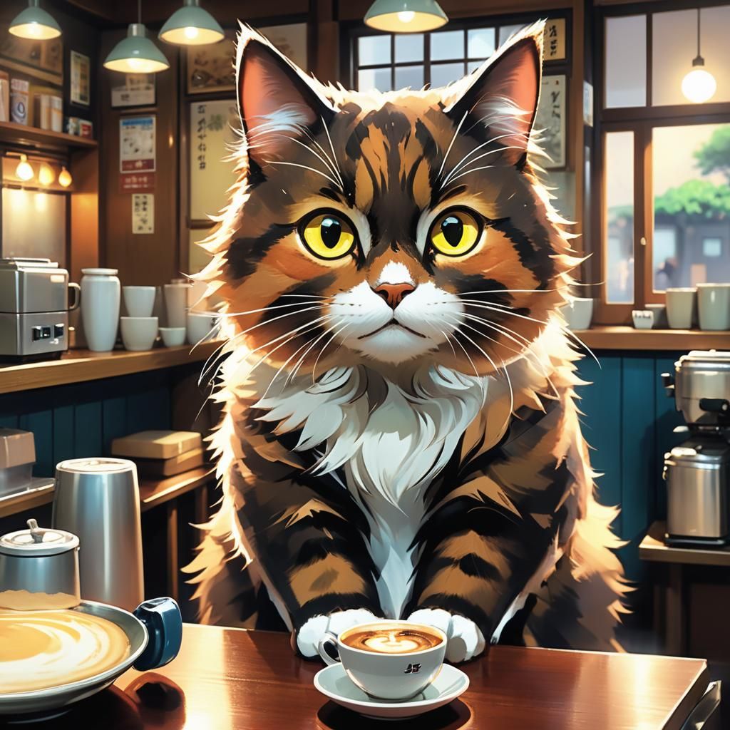 Ethereal Anime Cat Portrait in Vibrant Japanese Coffee Shop....
