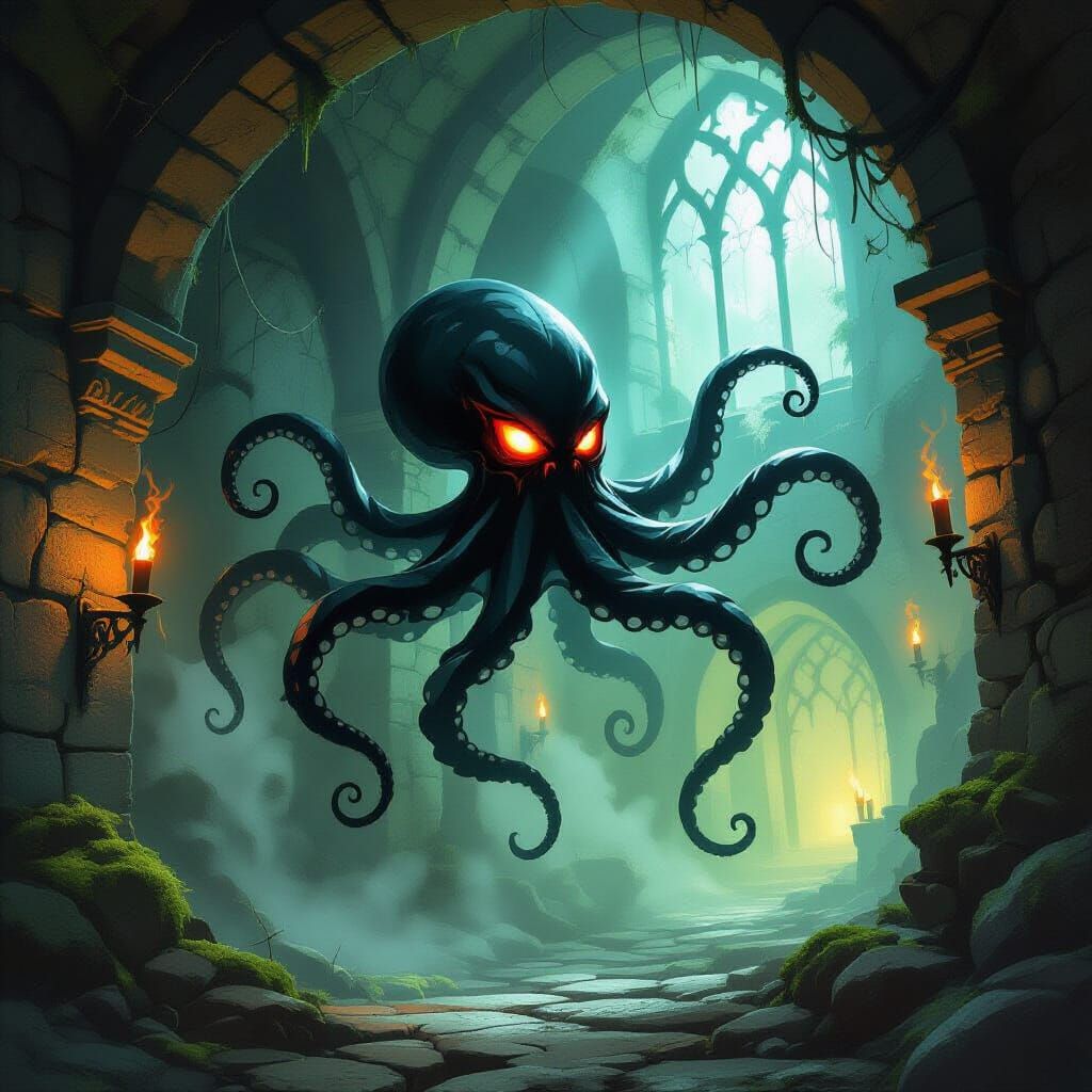 Shadow Octopus Creature in Dark Fantasy Dungeon