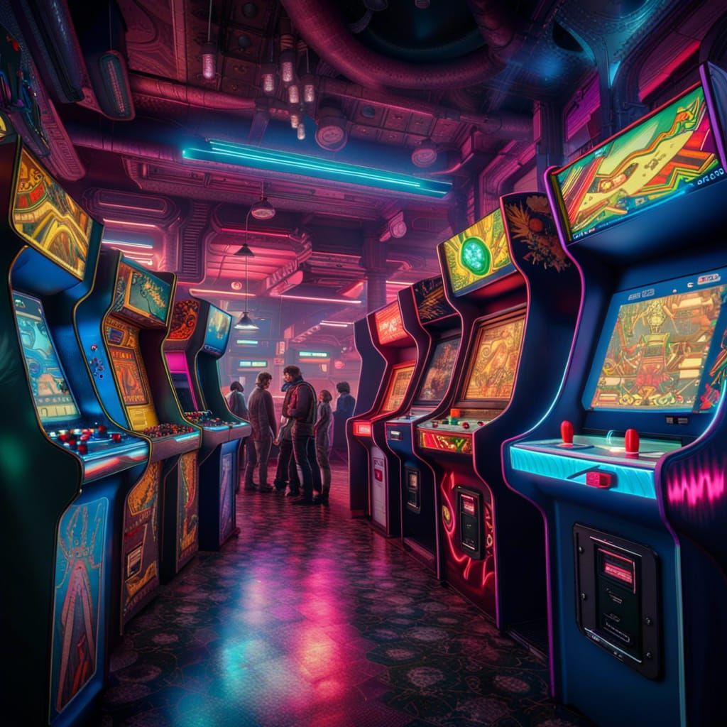 Vibrant 80's Arcade Scene on a Futuristic Alien Planet