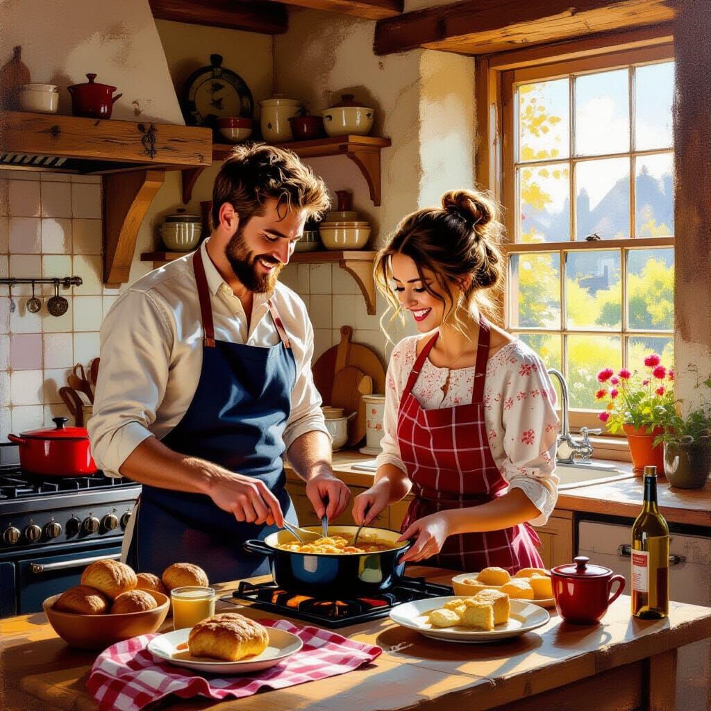 Couple Cooking Scottish Meal in Rustic Village Kitchen