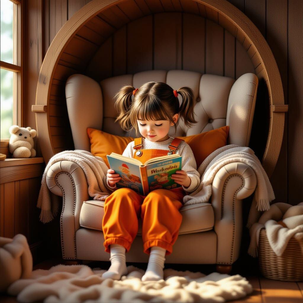 Girl Reading Book in Cozy Alcove, Detailed Render