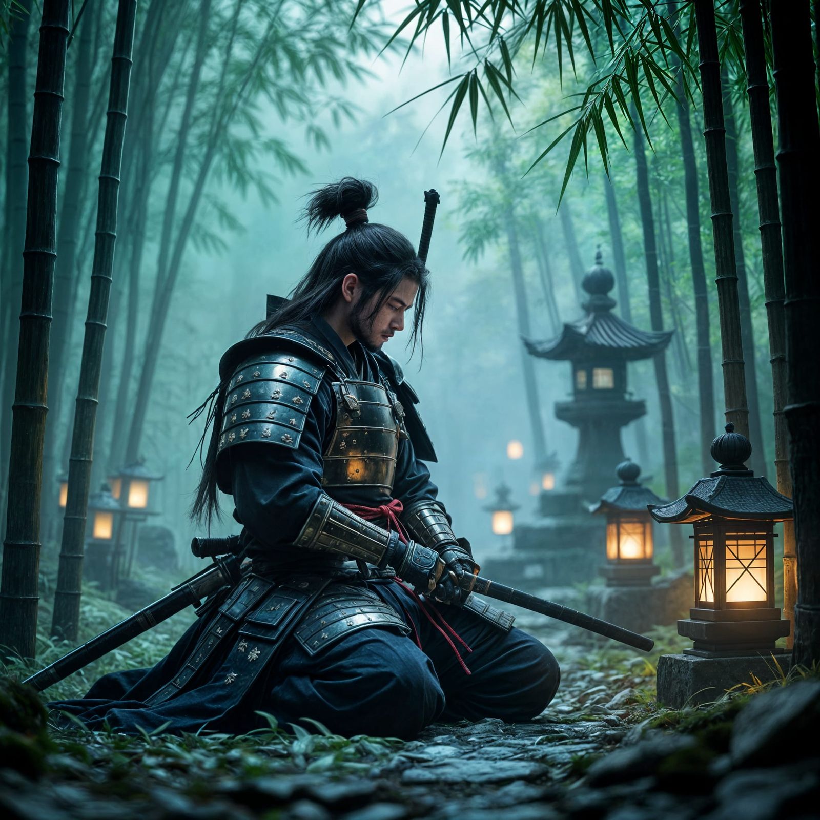 Contemplative Samurai in Bamboo Forest: Dark Fantasy