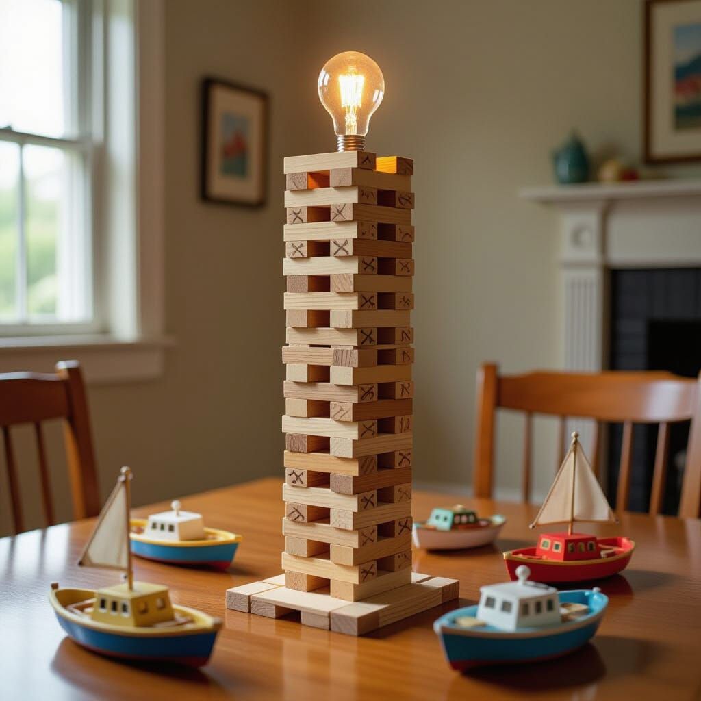 Jenga Block Lighthouse with Toy Boats