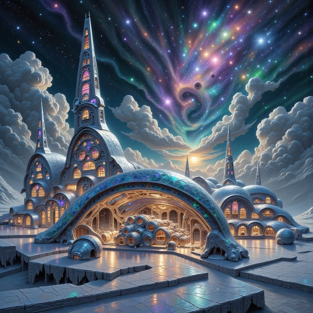 Futuristic Space Station in Neon Starry Sky