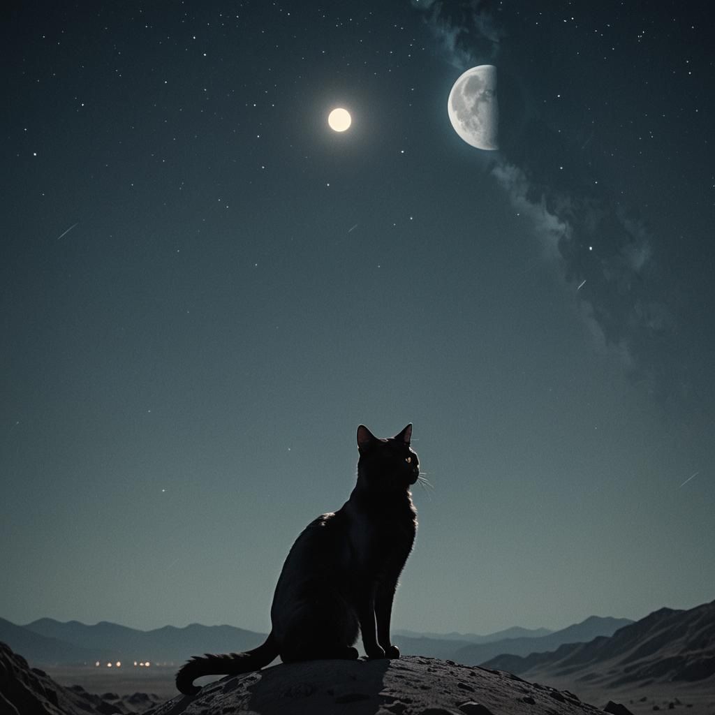 Mystical Black Cat Amidst Four Moons
