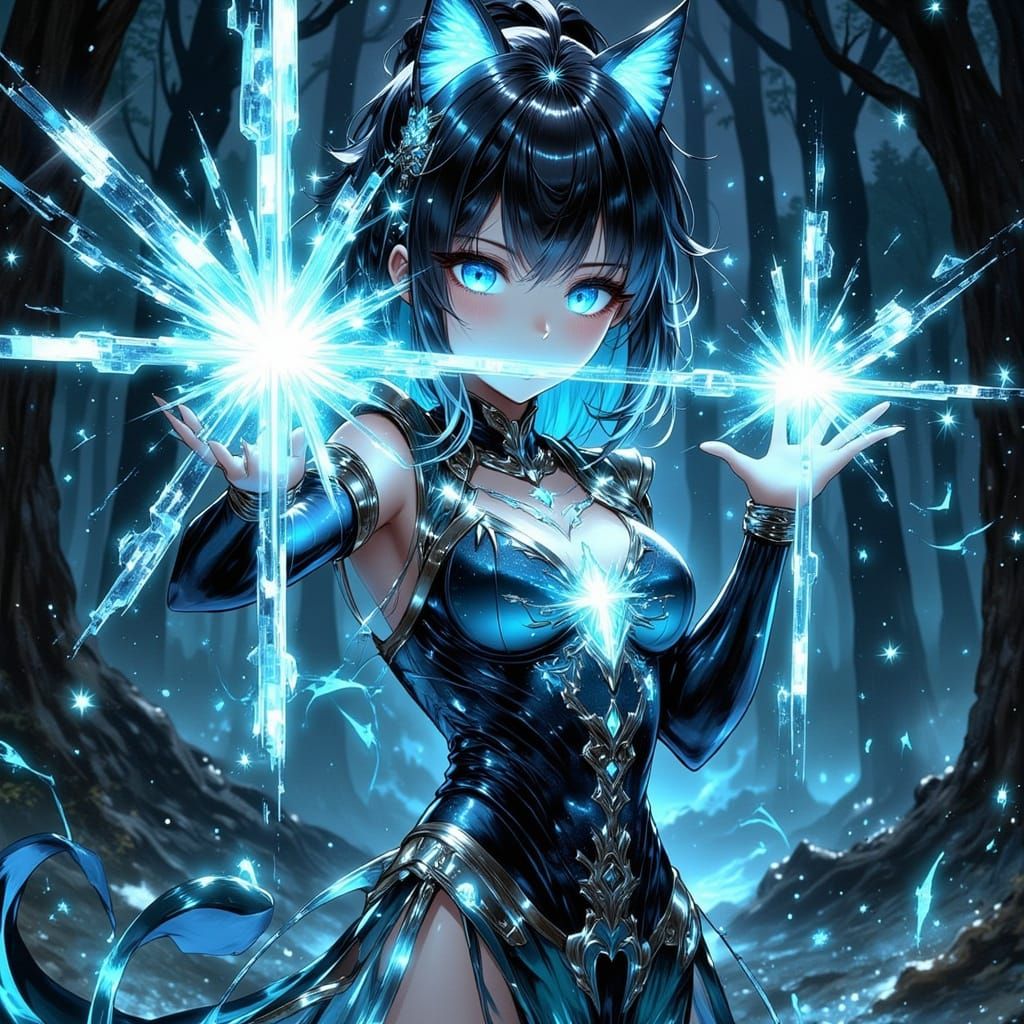 Powerful Neko Sorceress Unleashing Magic in 80s Anime Style