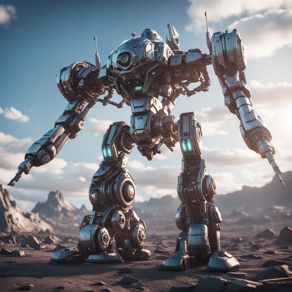 Surreal Futuristic Scene with Polished Metal Mech in Epic Ci...