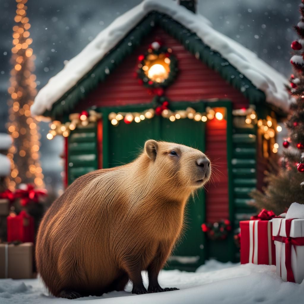 Capybara Surveys a Winter Wonderland Christmas Scene