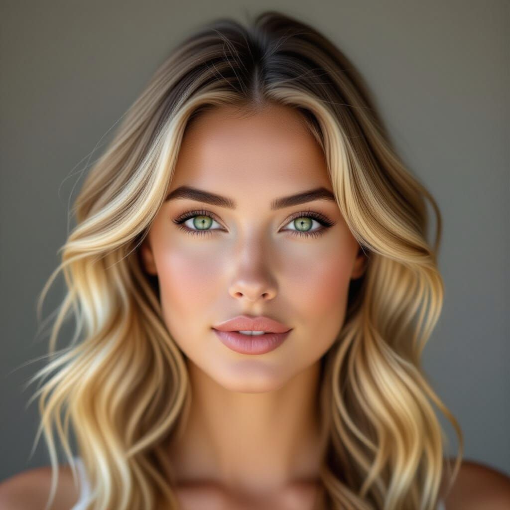 Stunning Blonde Woman with Green Eyes, Hyper-Realistic