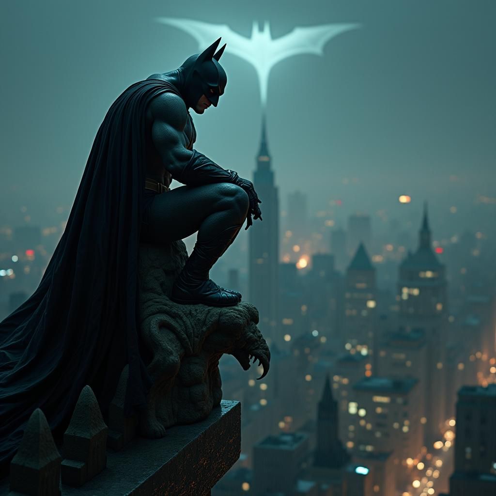 Dark Batman Surveys Gotham City from a Weathered Gargoyle