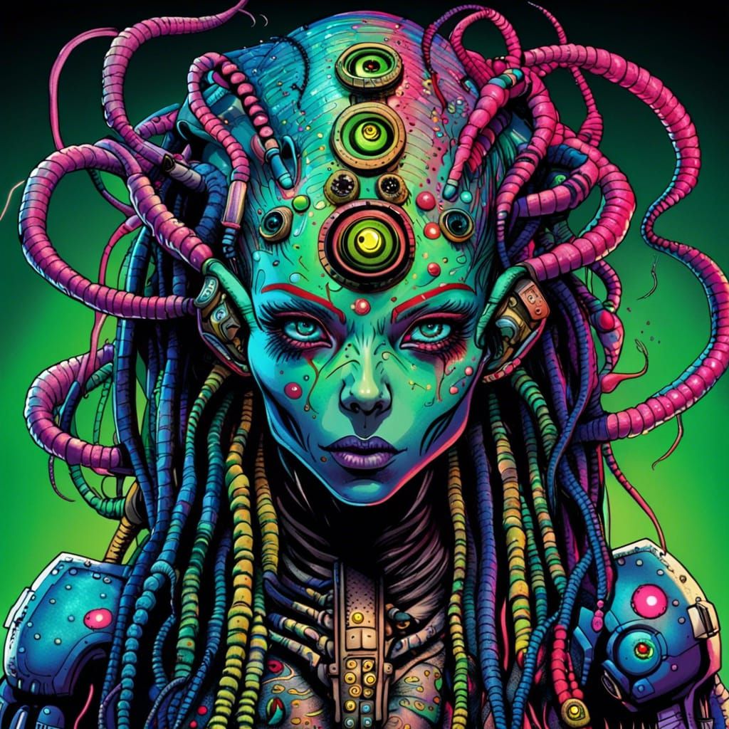 Ethereal Alien Goddess in Inkpunk Sci-Fi Style