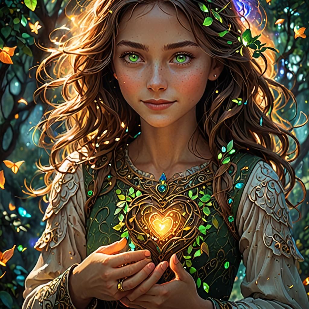 Woman with Radiant Smile and Green Eyes in Ethereal Aura