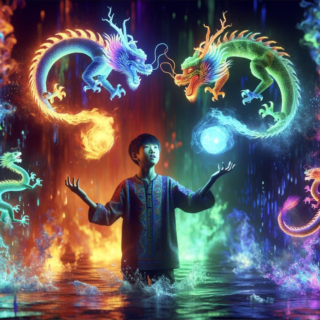 Vibrant Fire Dragons Dance Above a Captivated Boy in a Neo-N...