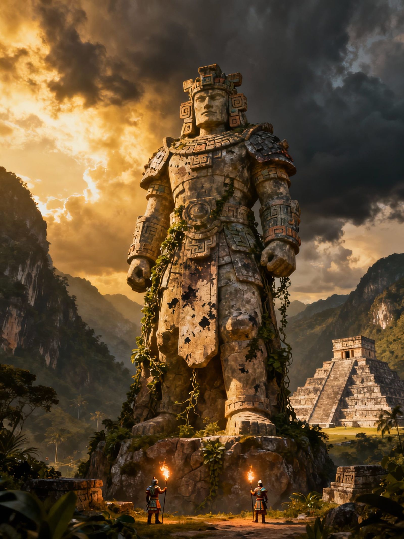 Colossal Aztec God Statue in Mountain Valley