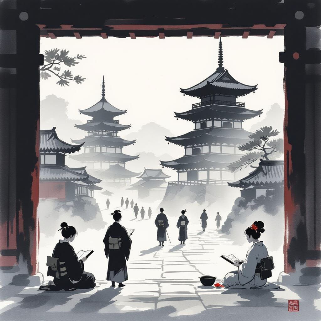 Minimalist Japanese Ink Painting of Edo Castle Life