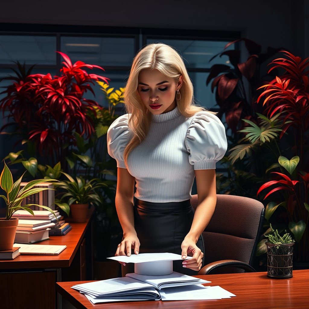Woman in Elegant White Sweater Files Papers in Moody Office