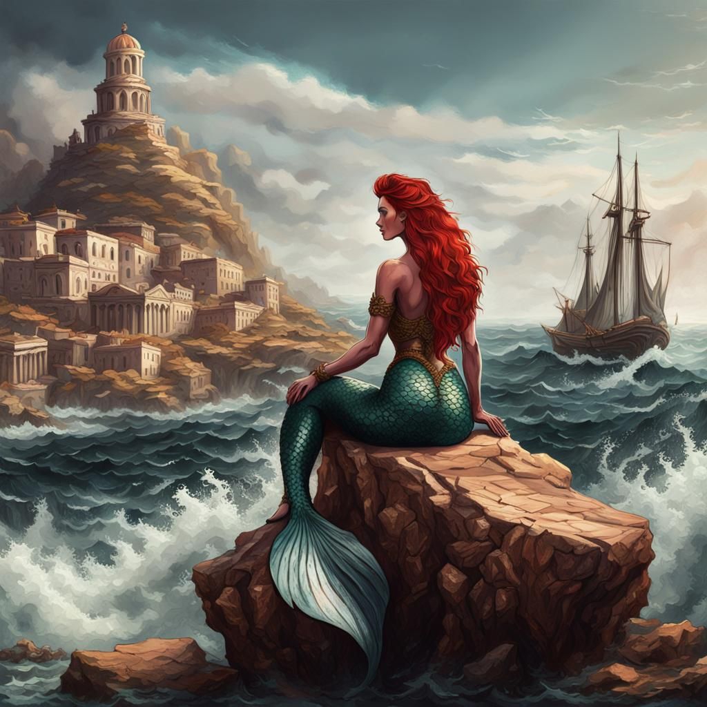 Red Haired Mermaid in Ancient Greek Town by the Sea
