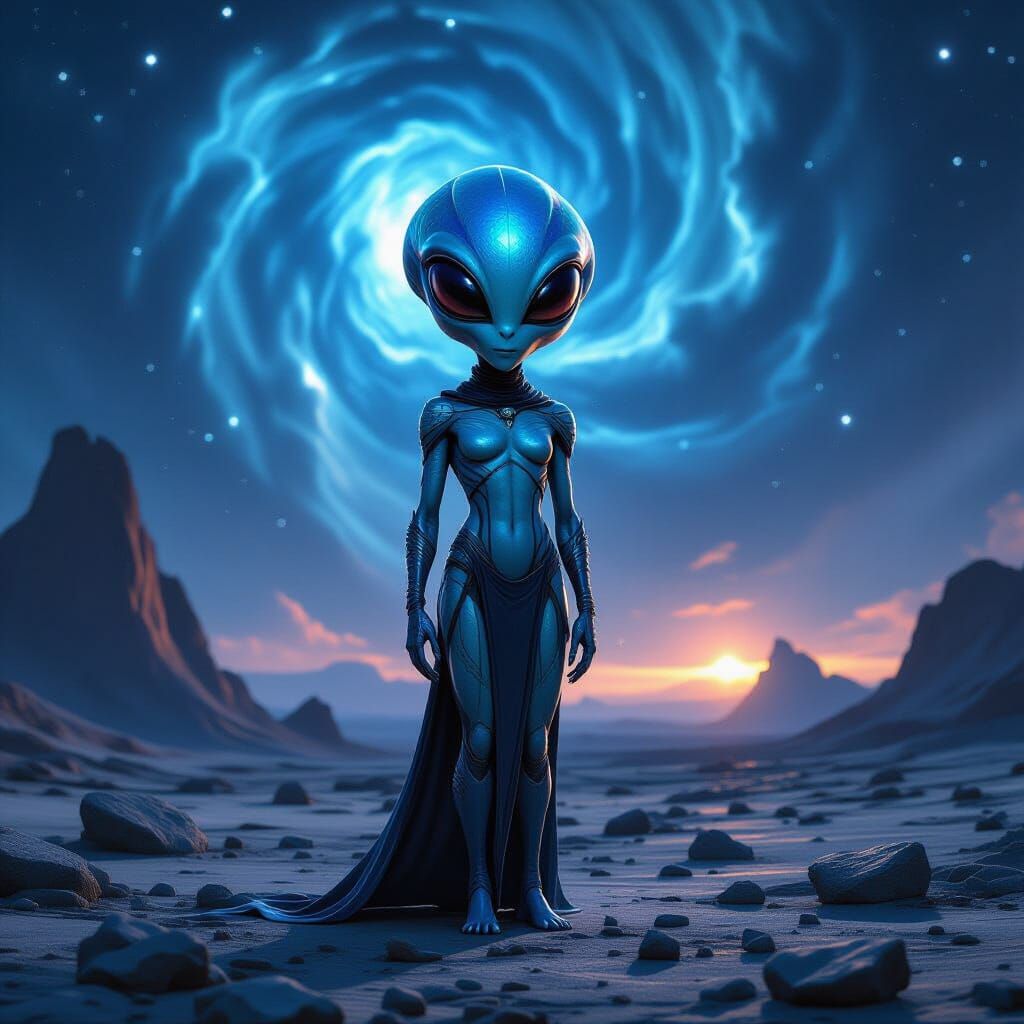 Alien Figure on Rocky Planet Under Nebula Sky