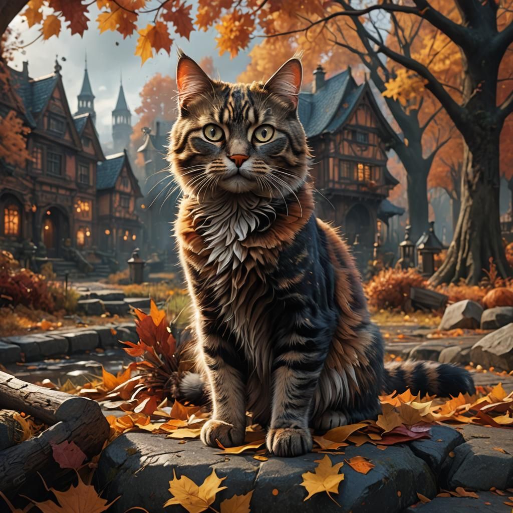 Autumnal Cat in Detailed Matte Painting Style