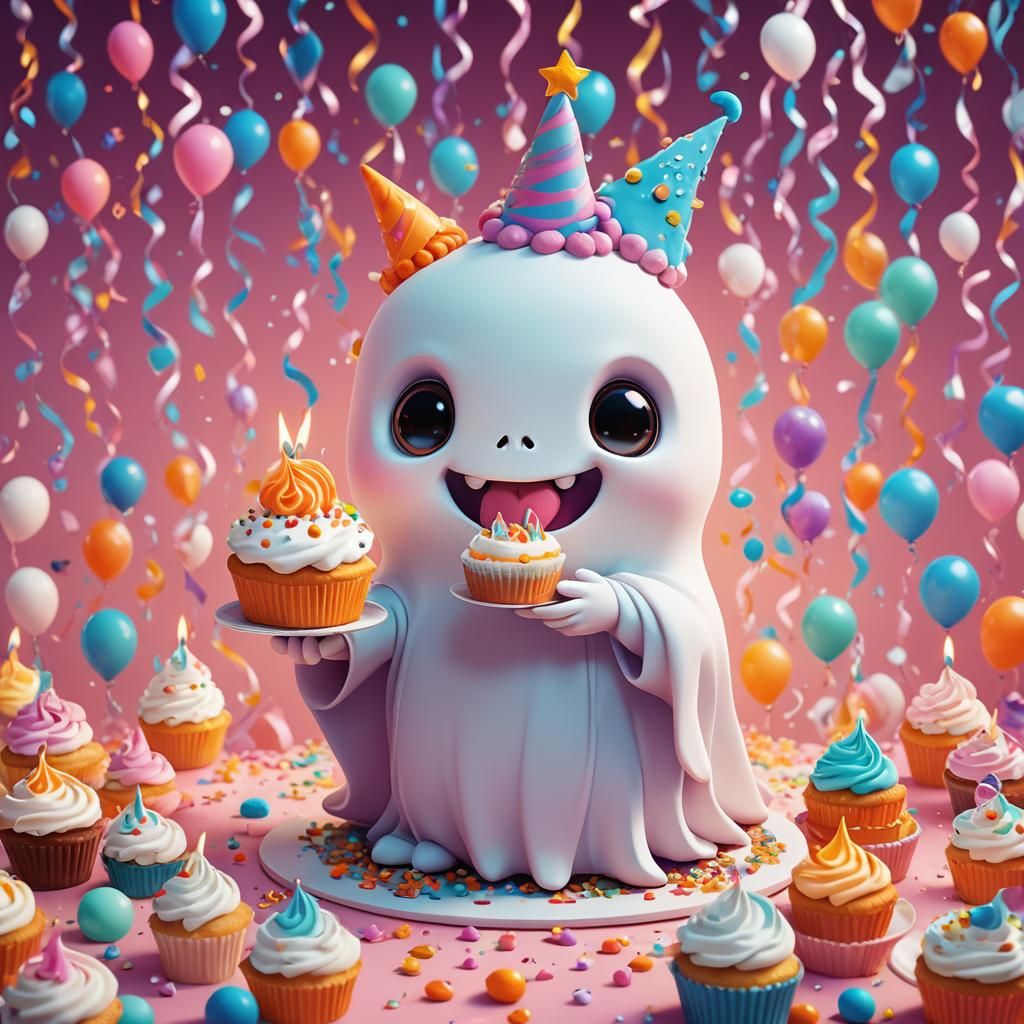 Whimsical Chibi Ghost in Vibrant Birthday Scene