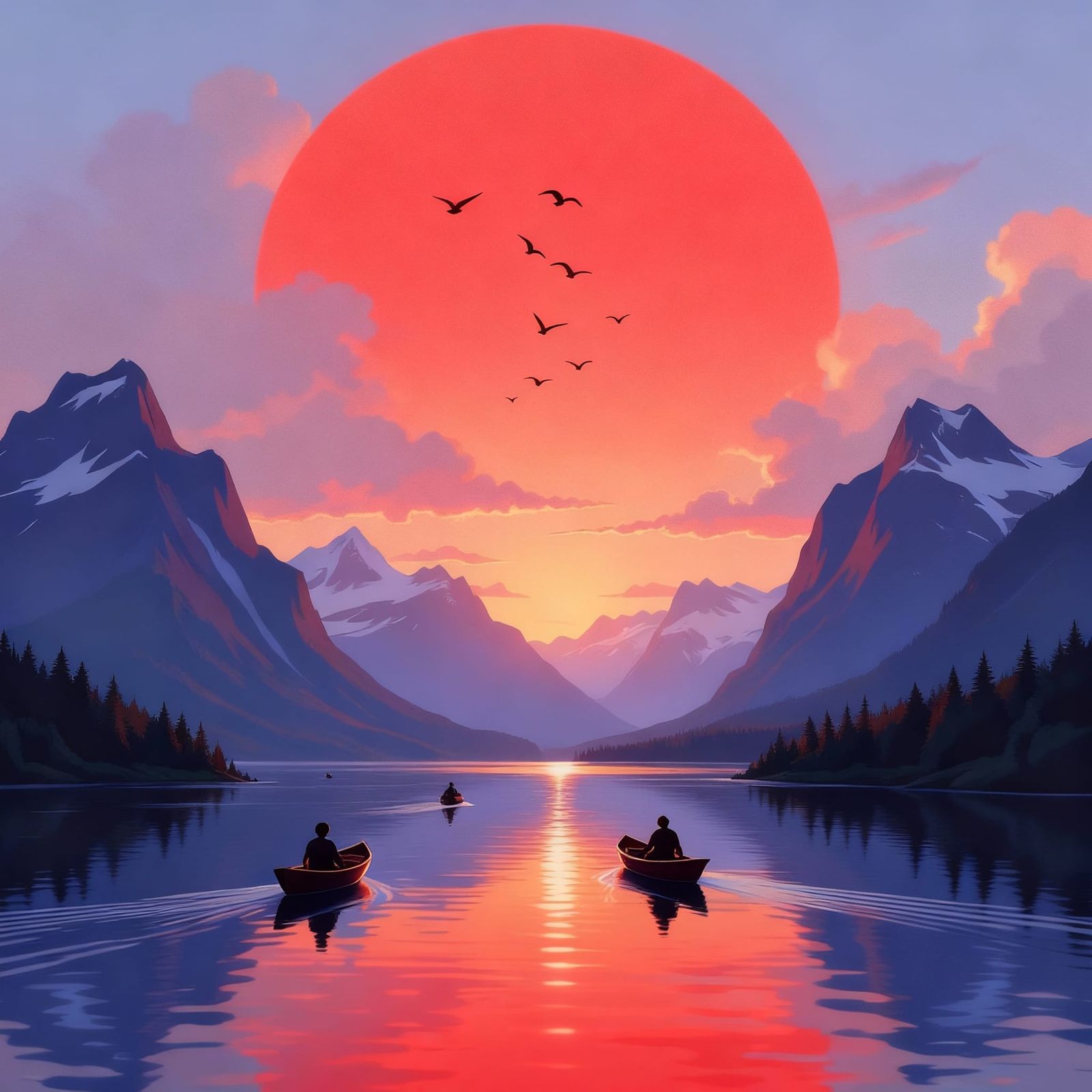 Sunset Over Mountain River With Sailing Boats and Birds