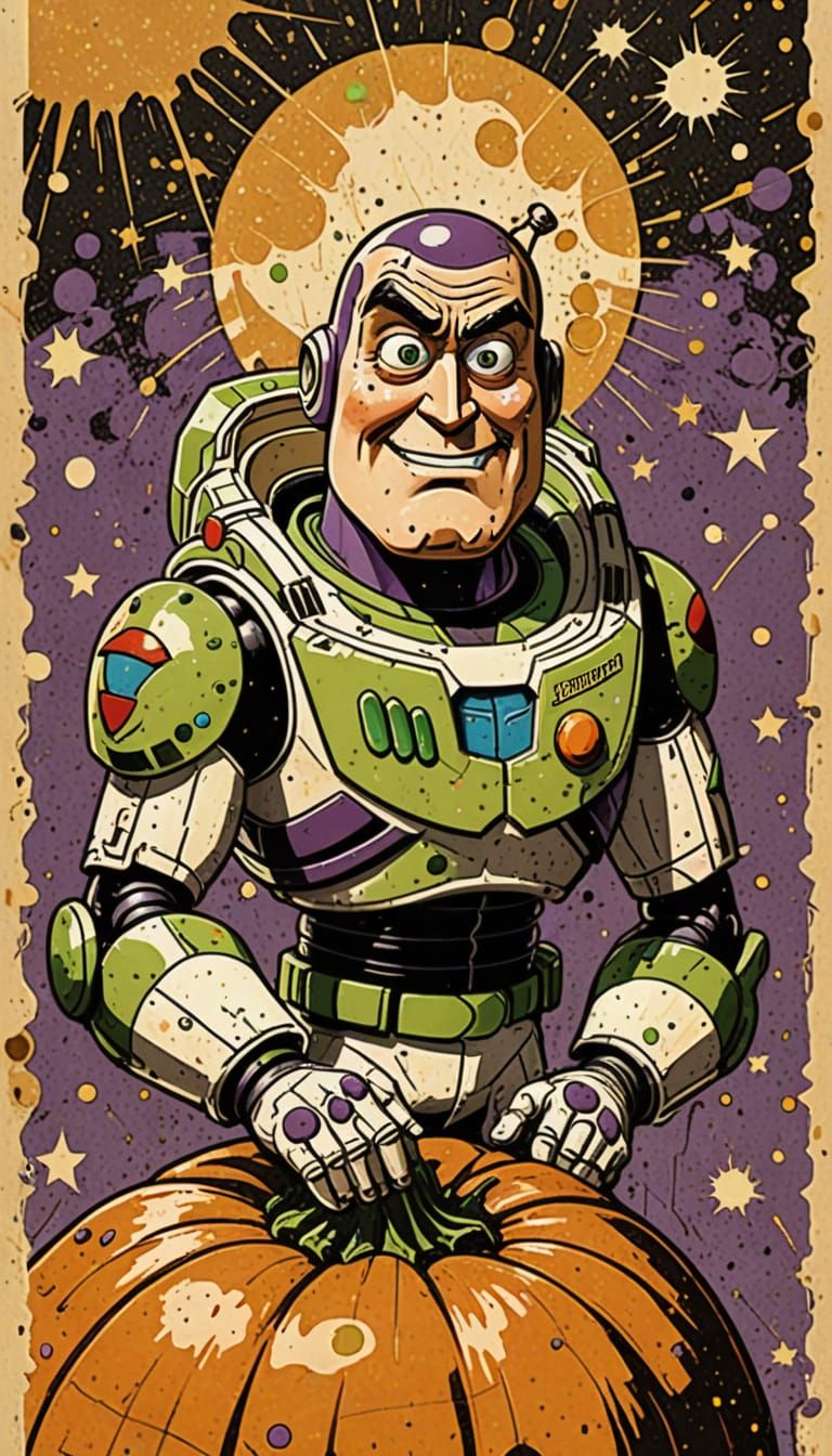 Buzz Lightyear Cries on Pumpkin, Punk Comic Art Style