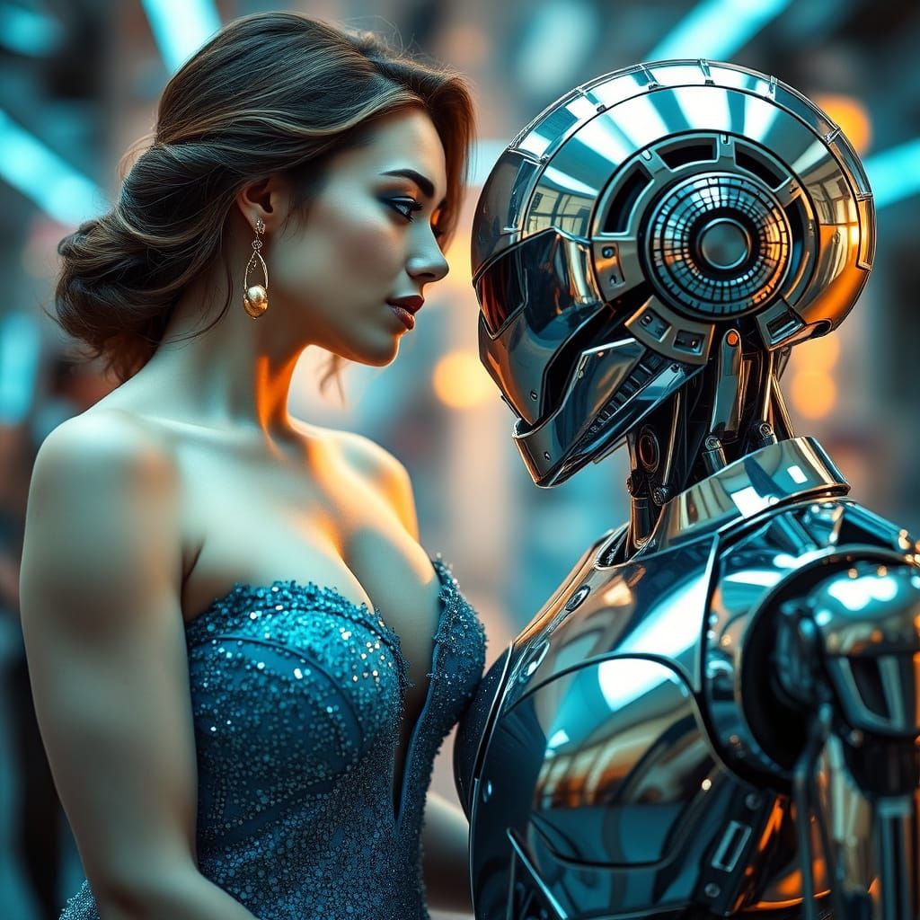 Azure Woman and Cyborg in Futuristic Ambiance