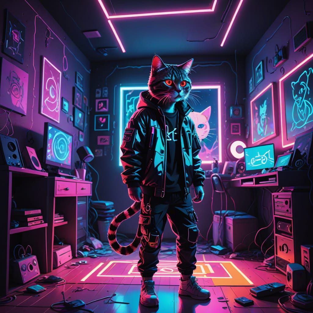 Gen Z Cat's TikTok Dance in Cyberpunk Bedroom