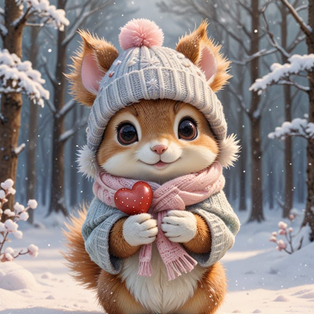 Whimsical Winter Chibi Squirrel in Pastel Hues