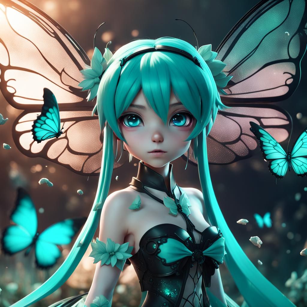 Chibi Fairy Hatsune Miku with Vibrant Butterfly Wings in a M...