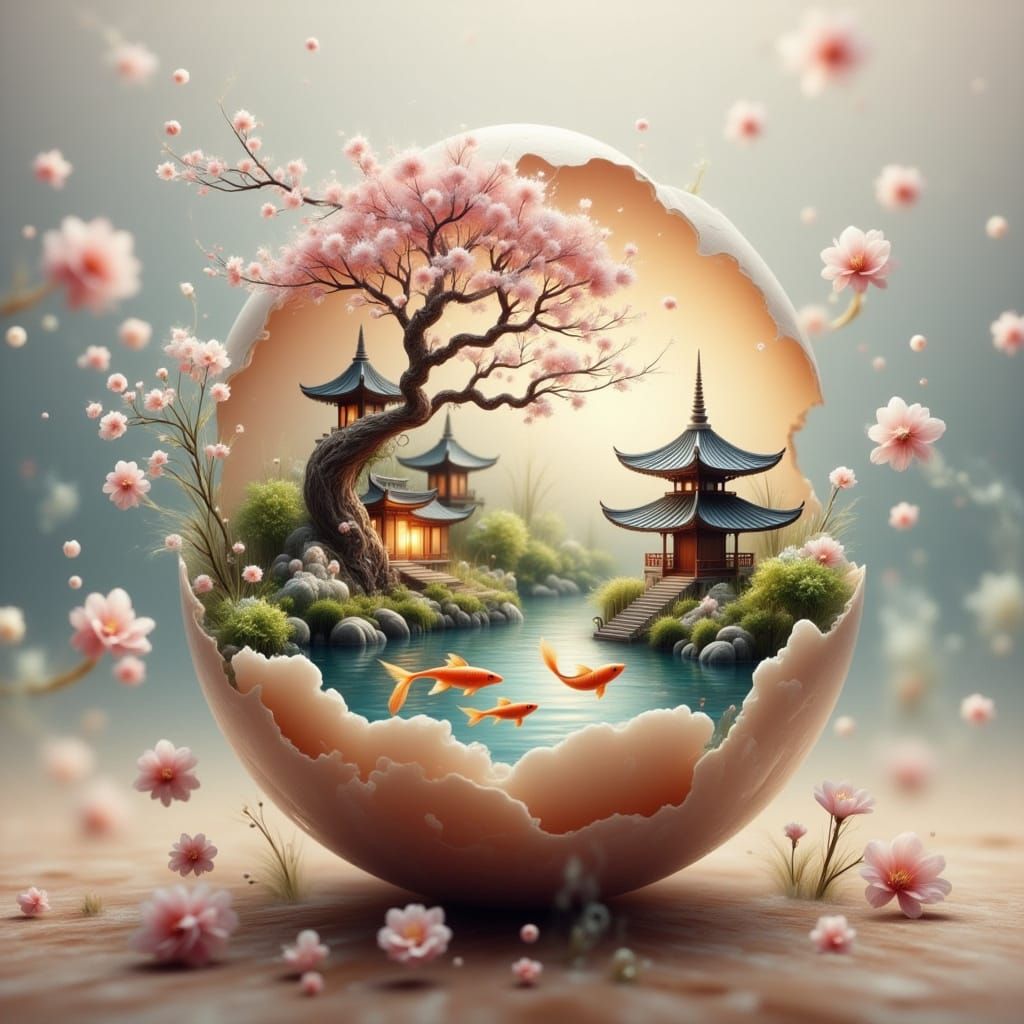 Bonsai Garden in Cracked Eggshell, Watercolor Style