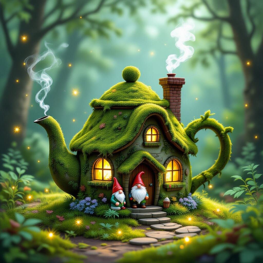 Whimsical Cottage Teapot on Forest Floor with Magical Glow
