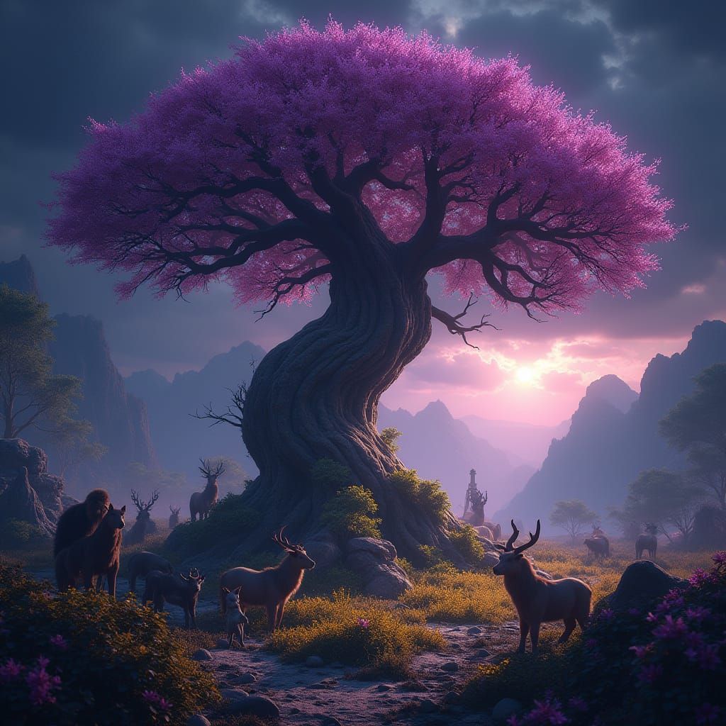 Mystical Tree and Animals in Dark Fantasy Style