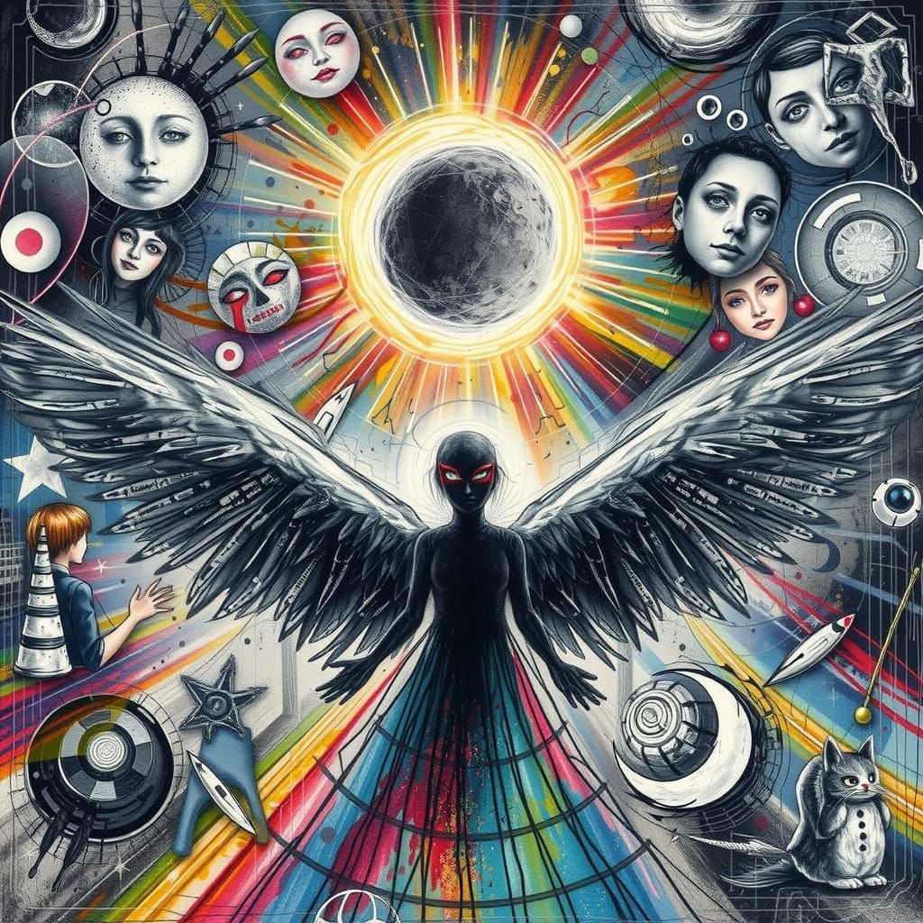 Mischievous Avian Supervillain in Punk Surrealism