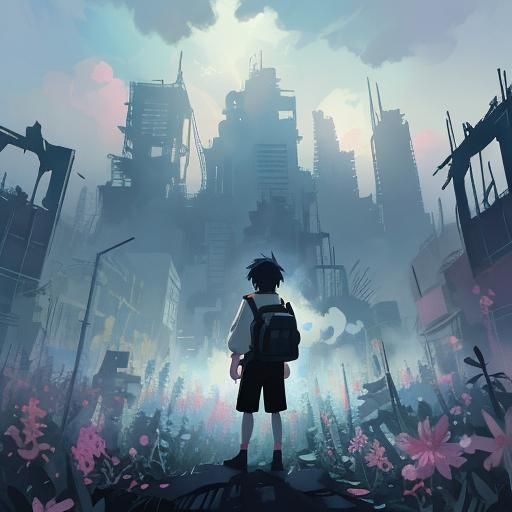 Hopeful Boy Amidst Ruin in Vibrant Anime Style