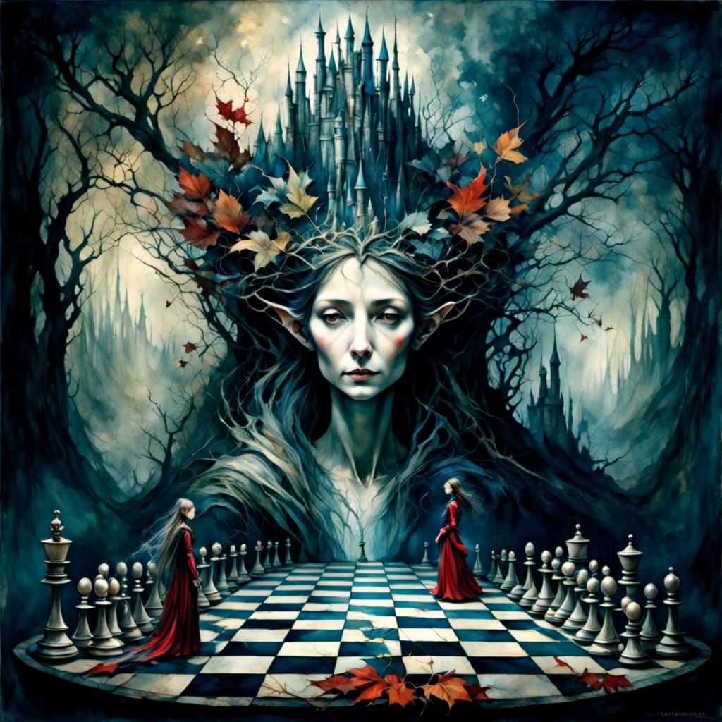 Dark Fantasy Princess on Magical Chess Board in Digital Pain...