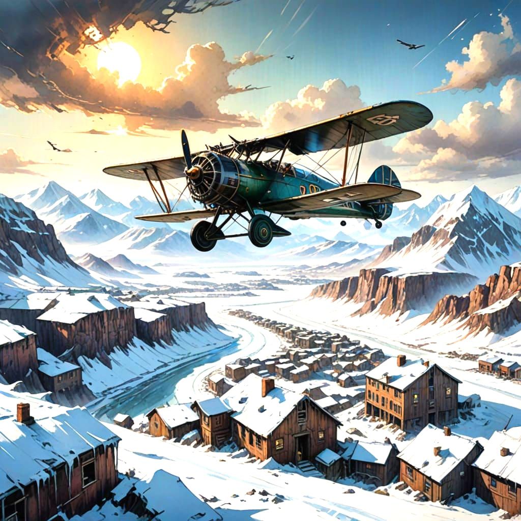 Biplane Over Frozen Wasteland in Watercolor Style