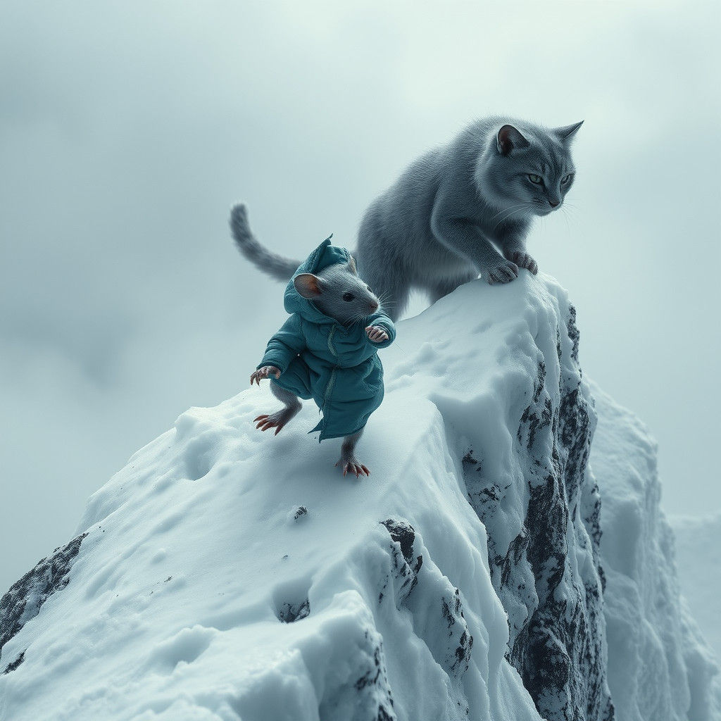 Mouse Caught Mid-Descent on Snowy Mountain Peak