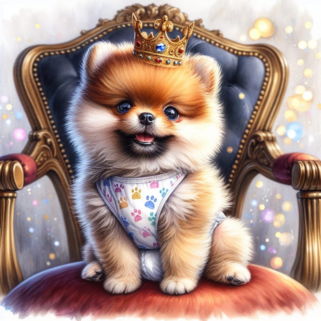 Regal Pomeranian Puppy in Victorian Watercolor Style