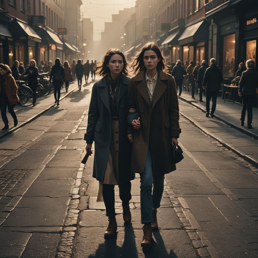 Cinematic Scene of Two Women Walking Hand in Hand