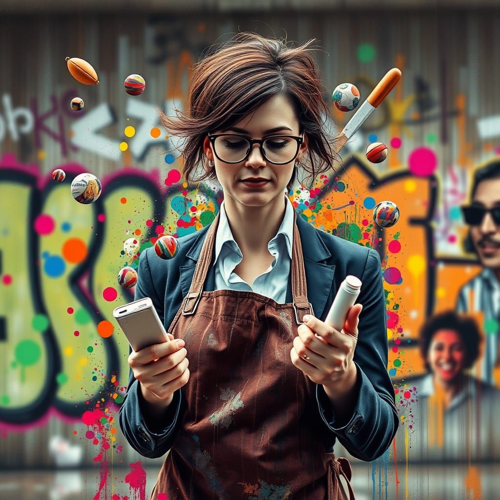 Motherhood Chaos in Vibrant Street Art Style