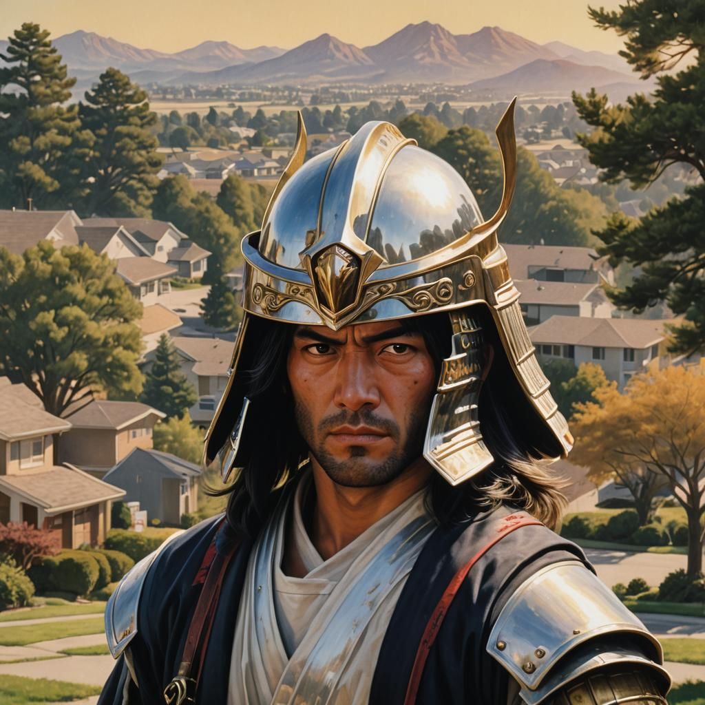 Surreal Portrait of a Young Man in Retro Samurai Attire