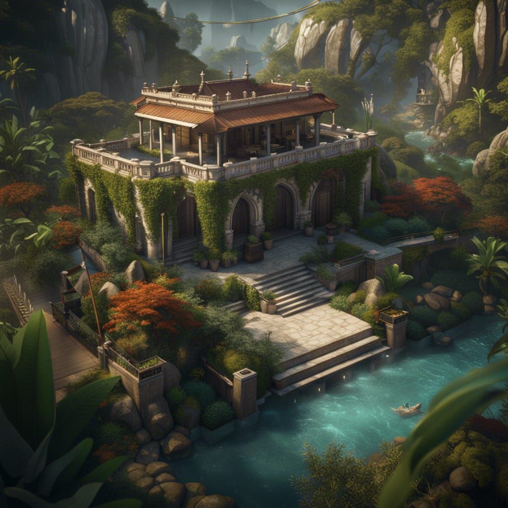 Visionary Villa with Majestic Eagle Banners in Deep Fantasy