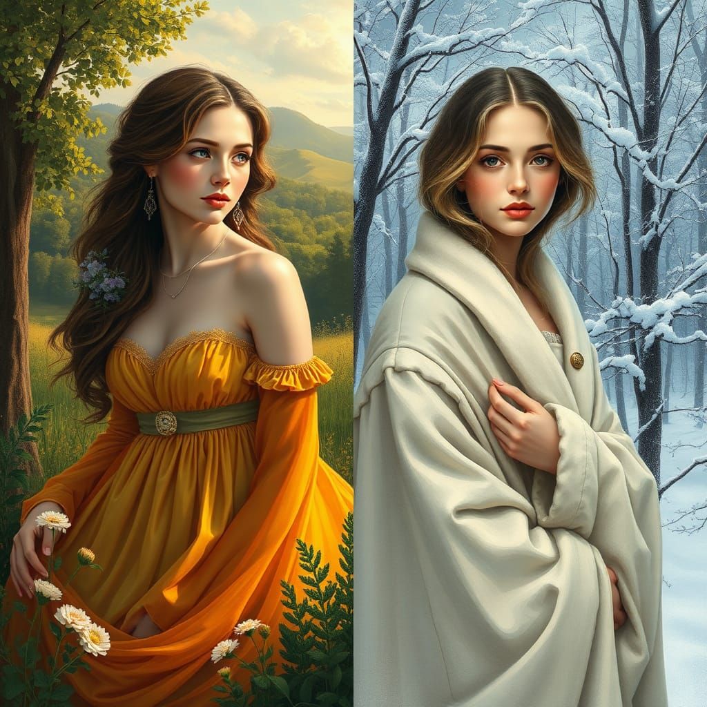Summer Woman and Winter Woman in a Pre-Raphaelite-Inspired D...