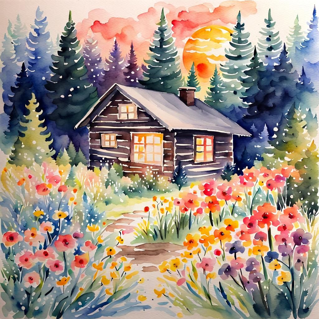 Vibrant Watercolour Sunrise in Forest Cabin