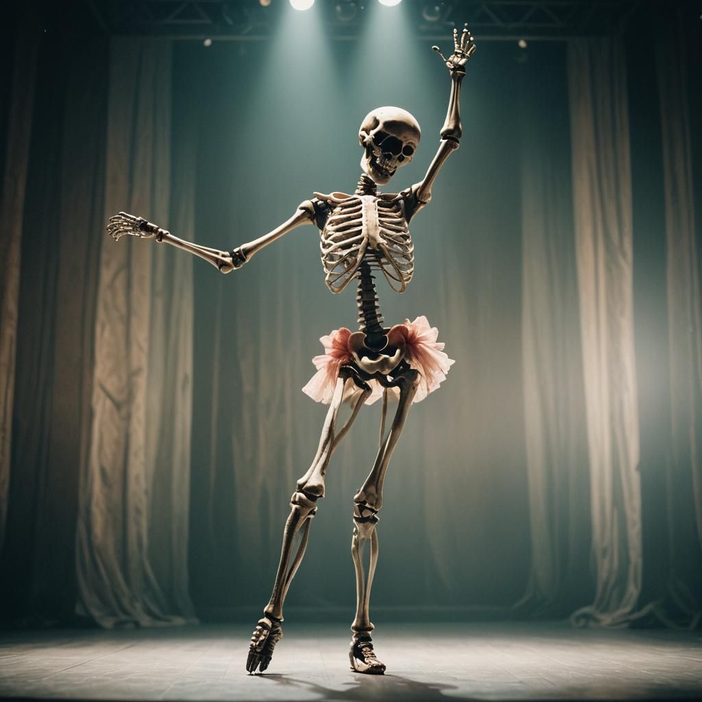 Ethereal Ballerina Skeletal Figure on Cinematic Stage
